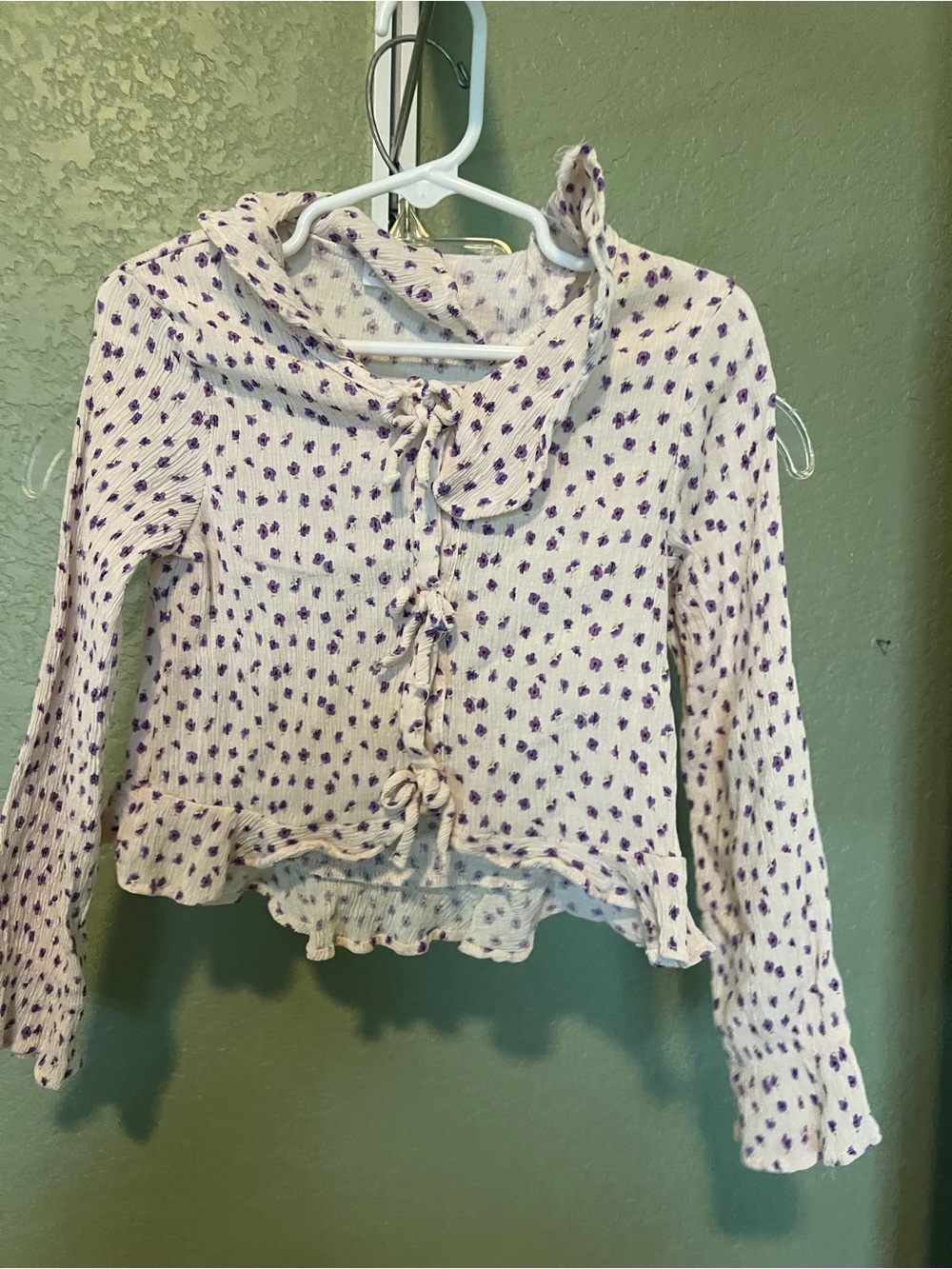 Zara Girls Cream Long-Sleeve Ruffle Cardigan with Purple Dot Print